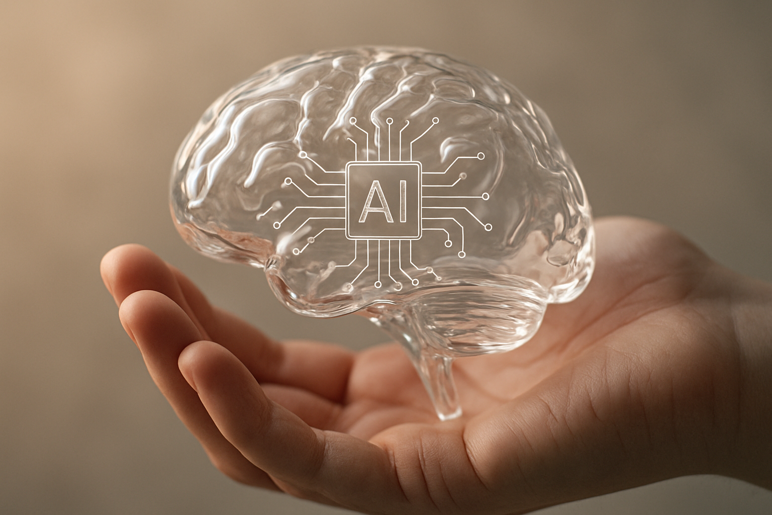 A human hand holding a fragile glass AI brain symbolizes AI management challenges.