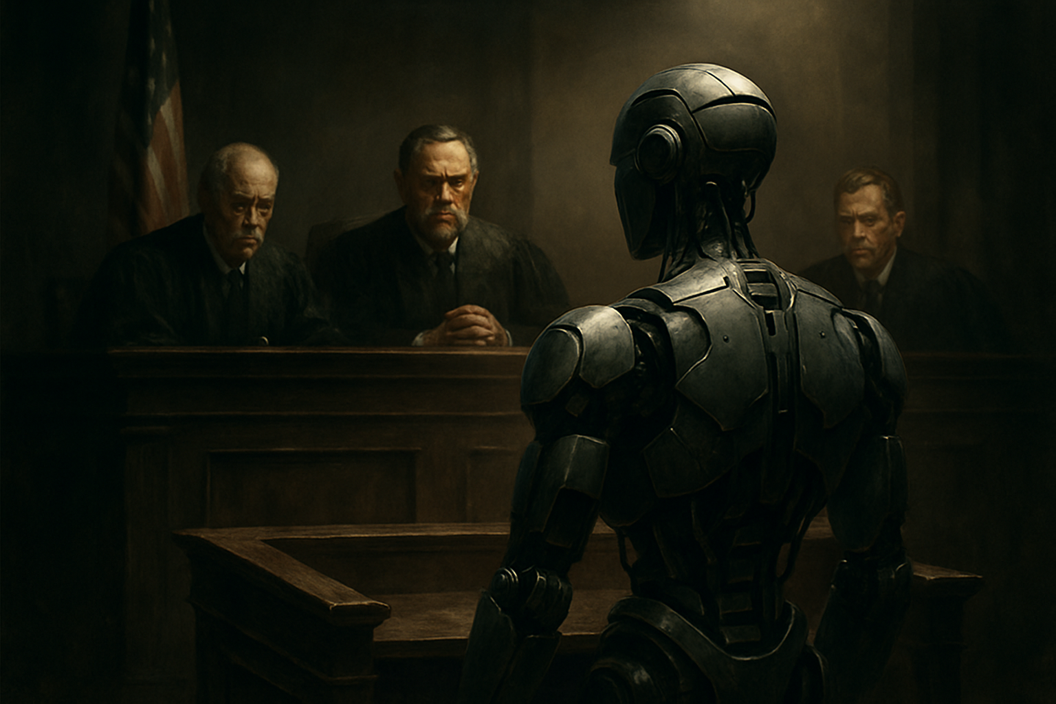 A humanoid AI on the stand in a courtroom represents legal challenges of AI.